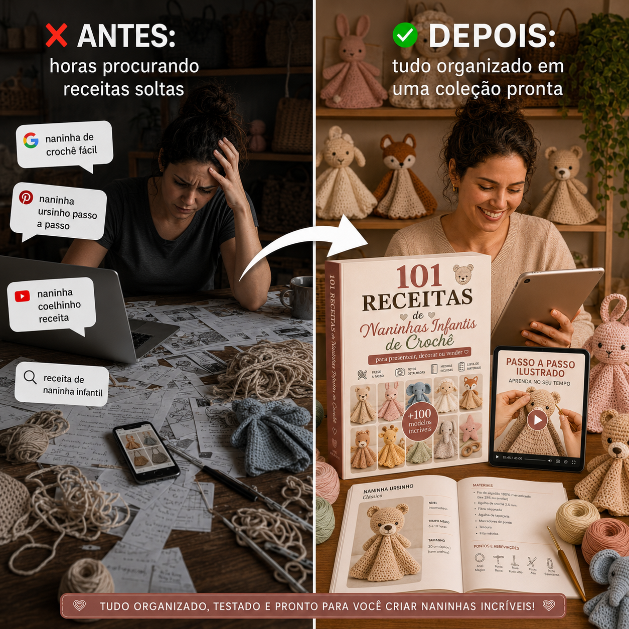 Colagem mostrando Pinterest, YouTube, Google e grupos apontando para Biblioteca 101 Receitas de Naninhas